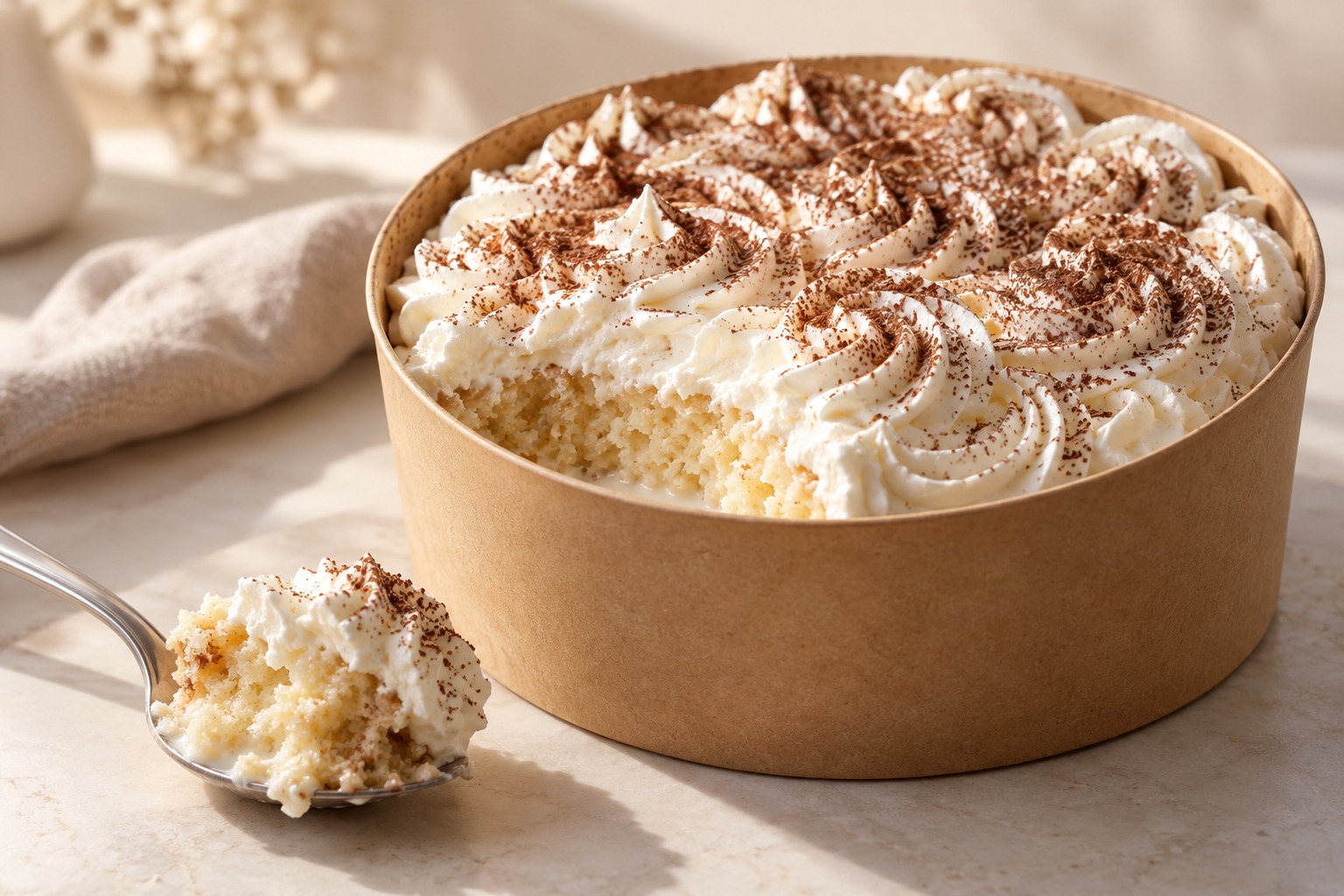 Cream-topped vanilla cake in a kraft cake box with a spoonful of soft cake